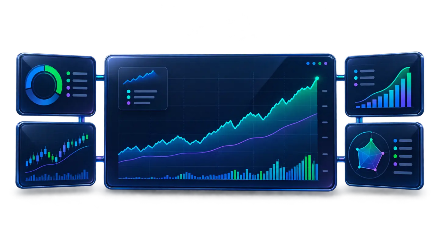 Dimensional performance analytics composition with equity and strategy charts