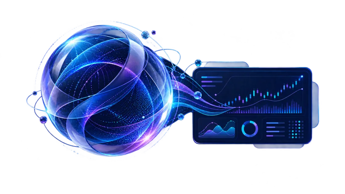 Abstract intelligence orb connected to an evidence analytics panel